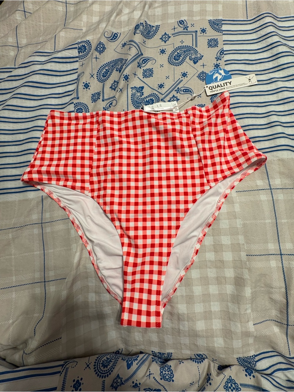 Cupshe Red Gingham High-Waist Bikini Bottom